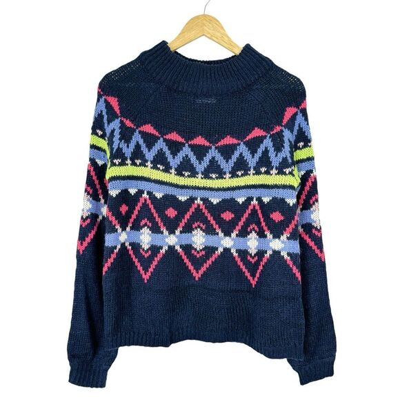 SO Fair Isle Navy Womens Sweater Medium Multicolor Hippie Boho Ski Geometric - Picture 1 of 11